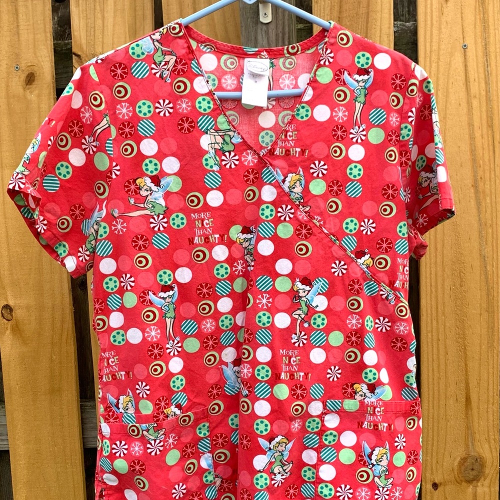 Disney Tinkerbell Christmas Scrub Top Medium